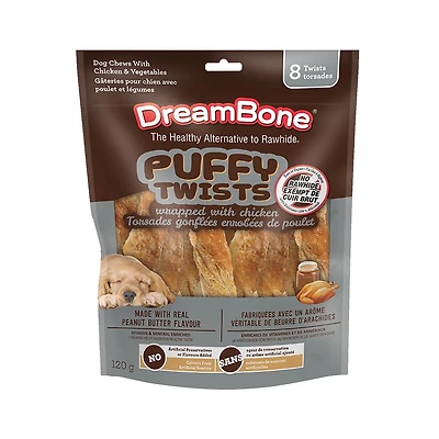 DreamBone Torsades Gonflées Enrobées de Poulet et Fabriquées avec un Arôme Véritable de Beurre d'Arachides, Offrez à Votre Chien une Délicieuse Gâterie à Mâcher Sans Cuir Brut, pour Tous les Chiens de 14 kg