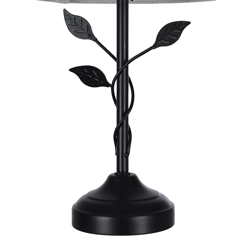Home Trends 15.5" Matte Black Metal Table Lamp with Leaf Detail and Patterned Fabric Shade in Cream