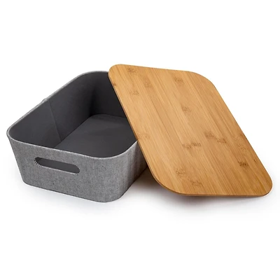 Truu Design Panier de rangement décoratif moderne et élégant en papier gris avec couvercle en bambou