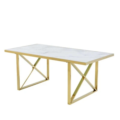 Cordelia Dining Table With Polished Stainless Steel Frame And White Faux Marble Top
