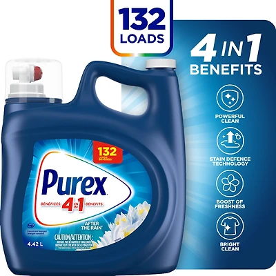 Purex After the Rain, Concentrated Liquid Laundry Detergent with 4in1 benefits, Tough on Stains, Brightens and Whitens Clothes, 4.42L, 132 Wash Loads, HE Compatible, 1 bottle
