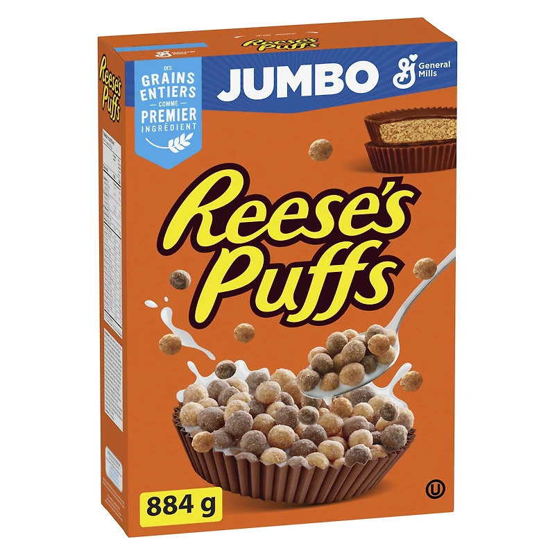 Reese's Puffs, Céréales Pour le Petit-Déjeuner Saveur Beurre d'Arachide et Chocolat, Grains Entiers, Format Géant, 884 g