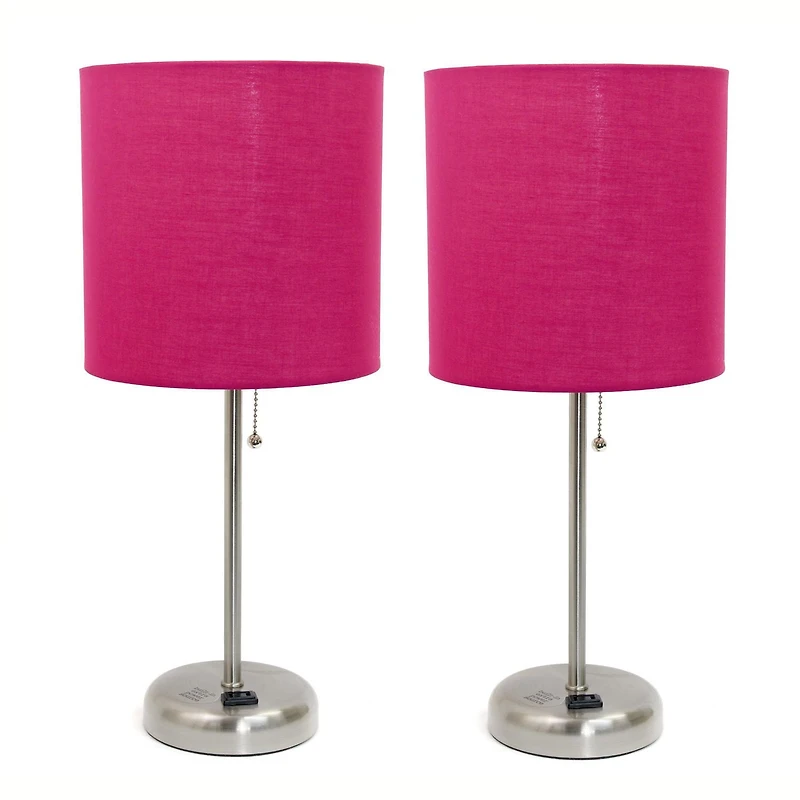 LimeLights Brushed Steel Stick Lamp with Charging Outlet and Fabric Shade 2 Pack Set