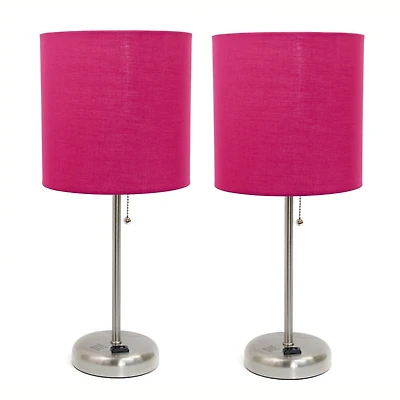 LimeLights Brushed Steel Stick Lamp with Charging Outlet and Fabric Shade 2 Pack Set