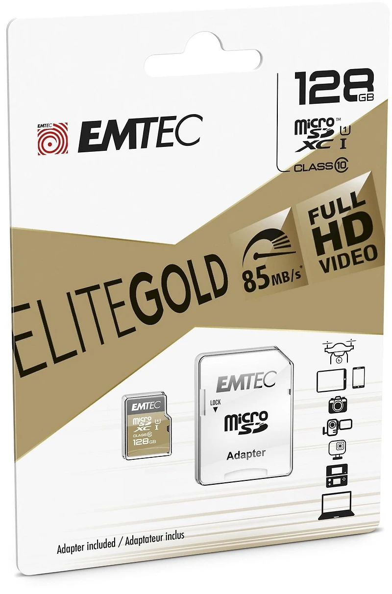 Carte à mémoire SD + adaptateur CL10 U1 d'Emtec de 128 Go de la collection d'or EMTEC MSD U1 128Go