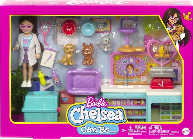 Barbie Chelsea Pet Vet Doll (Brunette) & Playset, 4 Animals, 18 Accessories, Ages 3+