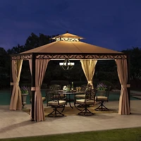 Sunjoy 10 x 12 ft. Steel Frame Gazebo Outdoor Patio 2-tier Soft Top Gazebo with Decorative Vine, Netting, Curtains, and Ceiling Hook