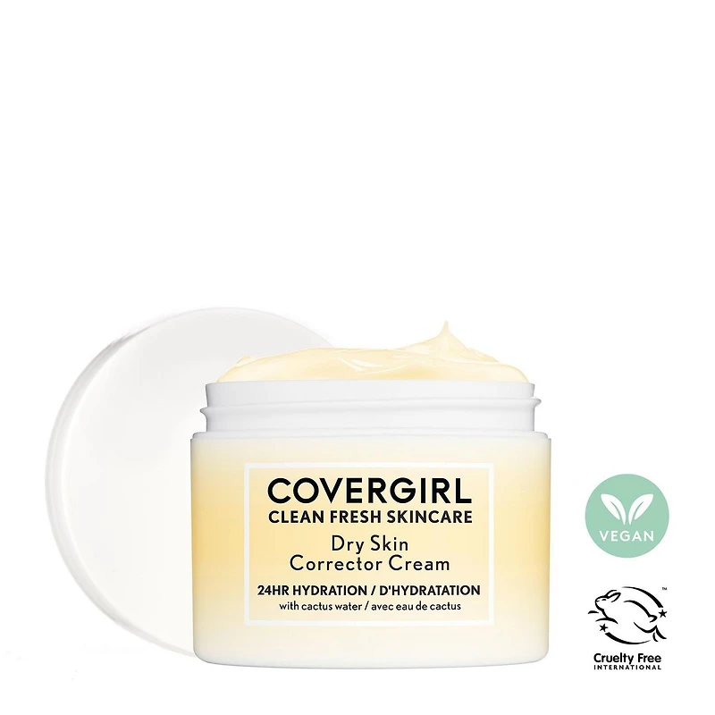 COVERGIRL Clean Fresh Skincare Dry Skin Corrector Cream, 60ml. Rich face moisturizer formulated with Cactus Water, Hyaluronic Acid, Jojoba & Shea Butter for 24HR Deep Hydration, Non-greasy, 100% Vegan, 60ML Cream