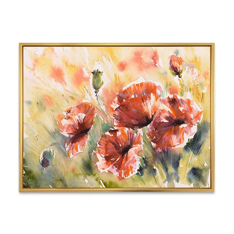Designart Coquelicot rouge sur un champ ART MURAL À CADRE FLOTTÉ