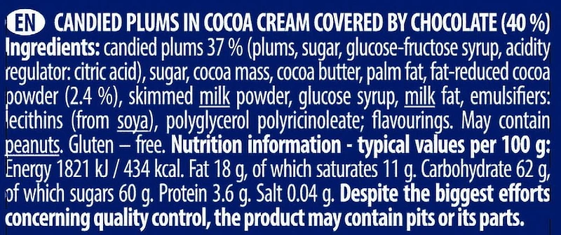 Solidarność Śliwka Nałęczowska Prunes Confites à la Pâte de Cacao Enrobées de Chocolat, Sac de 350g Prunes au cacao, choc. 350g