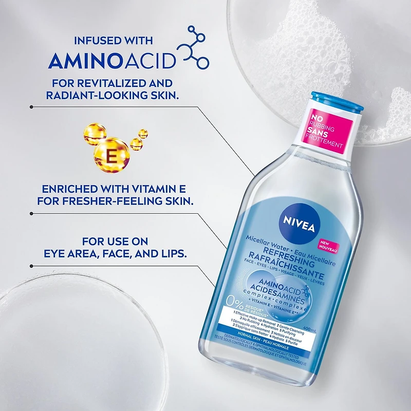 NIVEA Micellar Water Amino Acid Complex for Normal Skin | Cleanser and Make-up Remover with Vitamin E | Face Wash | All-in-One Daily Cleanser | Micellar Water | Refreshed and Hydrated Skin | No Rinse,, 400 mL