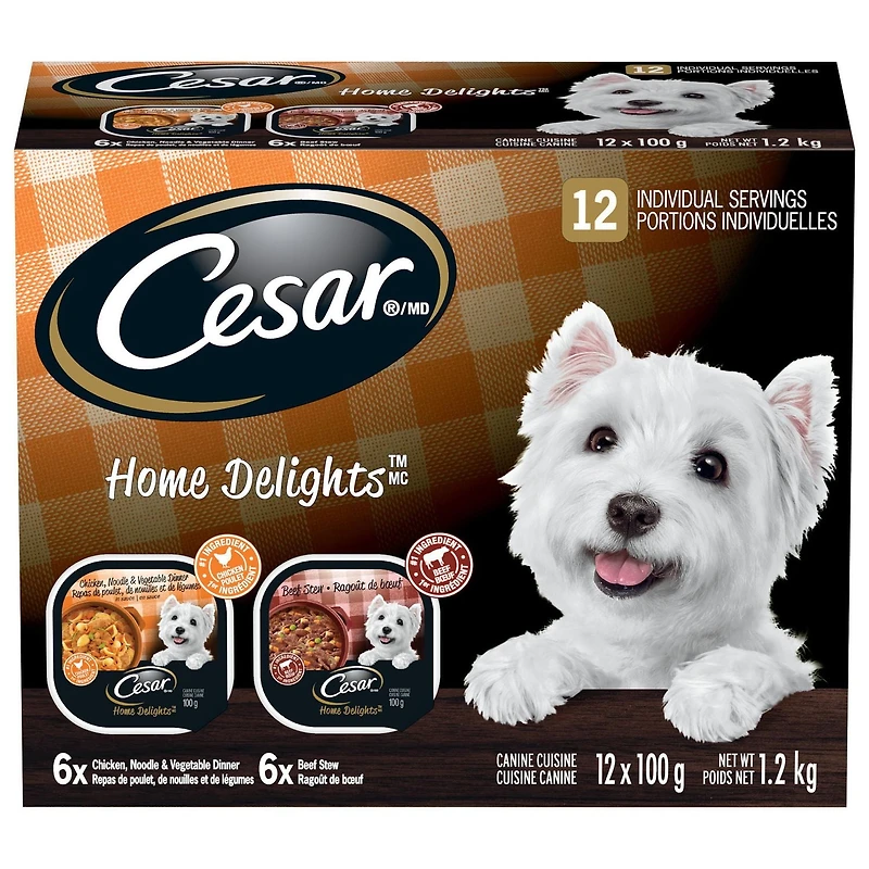 Cesar Home Delights Beef Stew and Chicken, Noodle & Vegetable Variety Pack Soft Wet Adult Dog Food, 12x100g