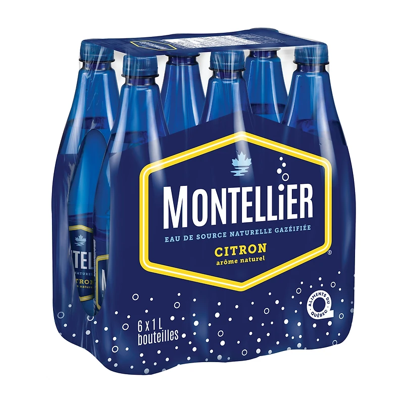 Montellier Eau de source naturelle gazeuse au citron 6 x 1 L, Bouteilles 6 x 1 L
