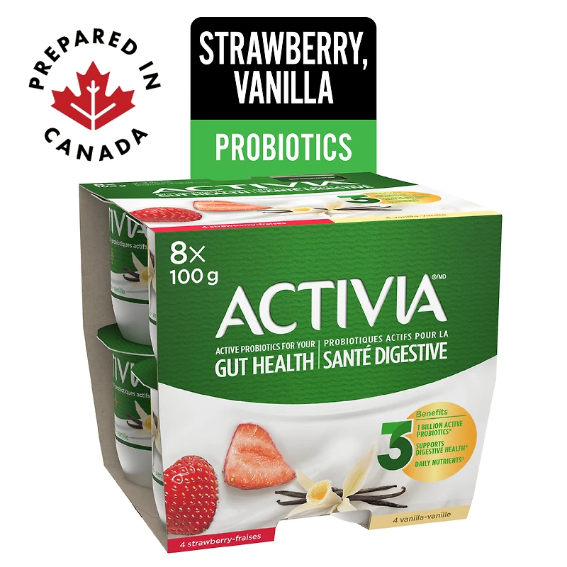 Activia Probiotic Yogurt, Strawberry/Vanilla, 8 x 100 g