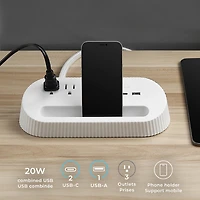 Chargeur porte-téléphone de bureau blanc à 3 prises avec 1 port USB-A et 2 ports USB-C de Globe Electric
