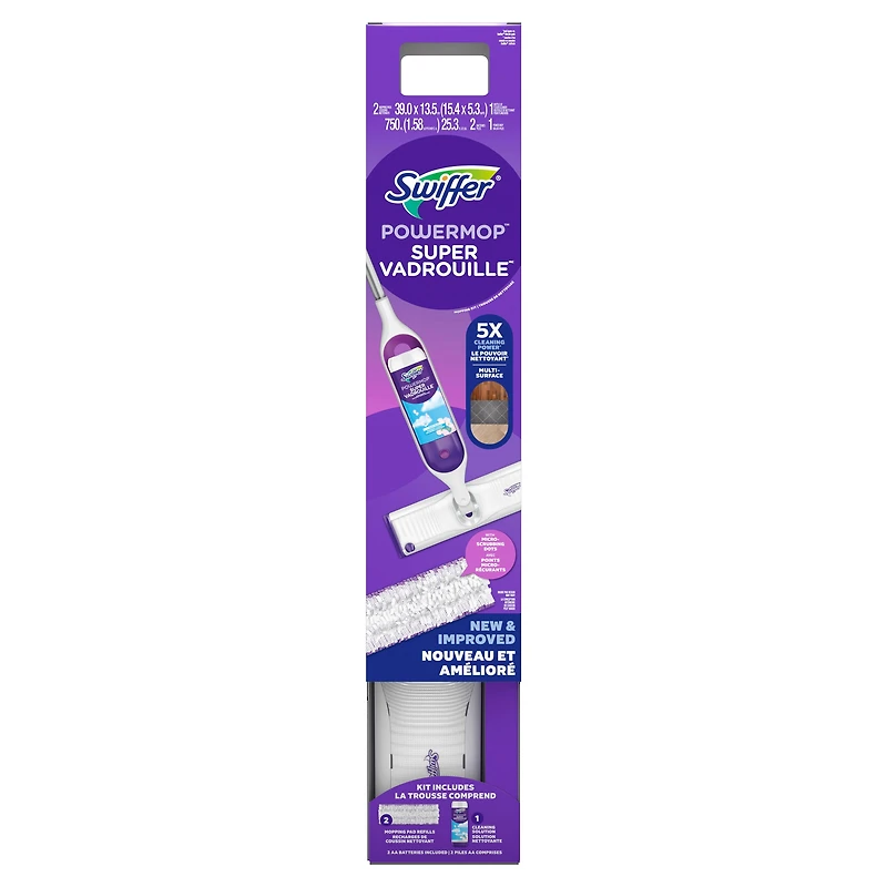 Trousse de nettoyage multisurfaces Swiffer SuperVadrouille pour le nettoyage des planchers parfum Frais la trousse comprend un balai SuperVadrouille 2recharges de coussins nettoyants 1sltin nettoyante