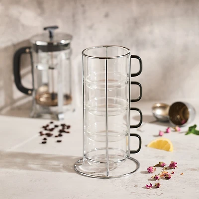 HomeTrends 4 pc stackable Glass mugs with silver metal stand
