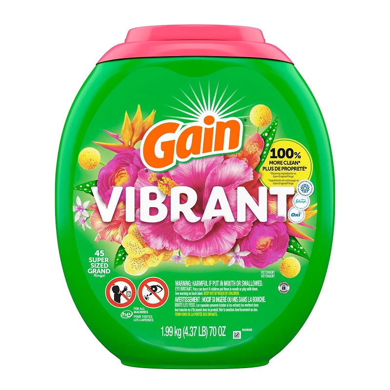 Capsules de détergent à lessive Gain Flings grande taille, 3 en 1 avec Febreze et Oxi, parfum Vibrant 45CT