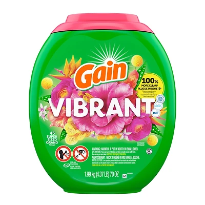 Capsules de détergent à lessive Gain Flings grande taille, 3 en 1 avec Febreze et Oxi, parfum Vibrant 45CT