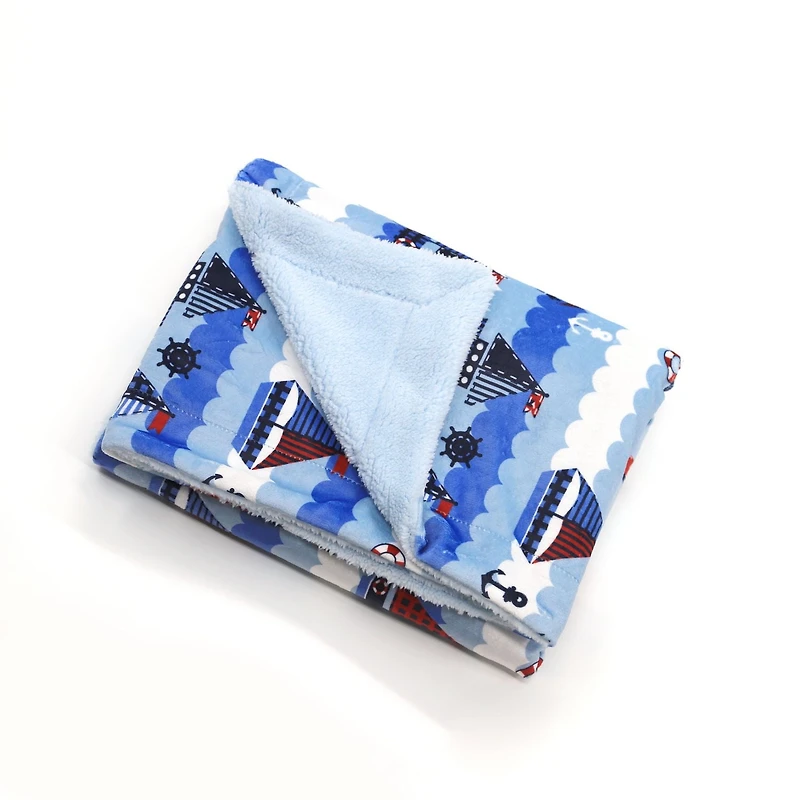 Couverture réversible en flanelle polaire douce et chaude pour enfants, motif bateau à voile nautique avec base blanche, 101 x 127 cm