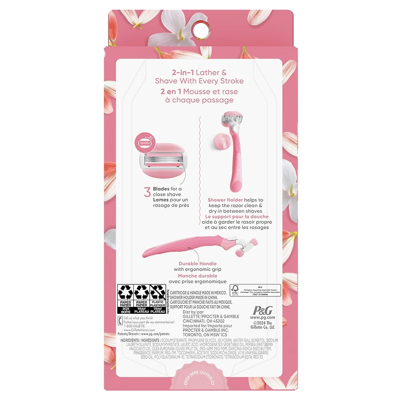 Venus Comfortglide Women's Razor White Tea Scented with Reusable Razor Handle, 2 Razor Blade Refills and Shower Holder, 1CT