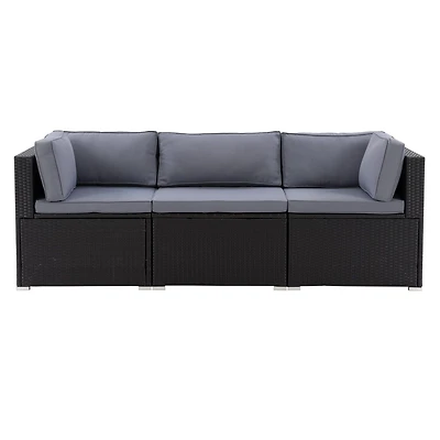 CorLiving Parksville Resin Wicker Rattan and Galvanized Steel 3 Piece Patio Sofa with Cushions, Expandable, Outdoor Seating