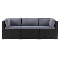 CorLiving Parksville Resin Wicker Rattan and Galvanized Steel 3 Piece Patio Sofa with Cushions, Expandable, Outdoor Seating