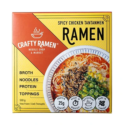 Chicken Sesame Ramen Ramen congelé de qualité restaurant - 500g, 25g de protéines par portion. Comprend: bouillon, nouilles, protéine, garnitures. Prêt en quelques minutes.