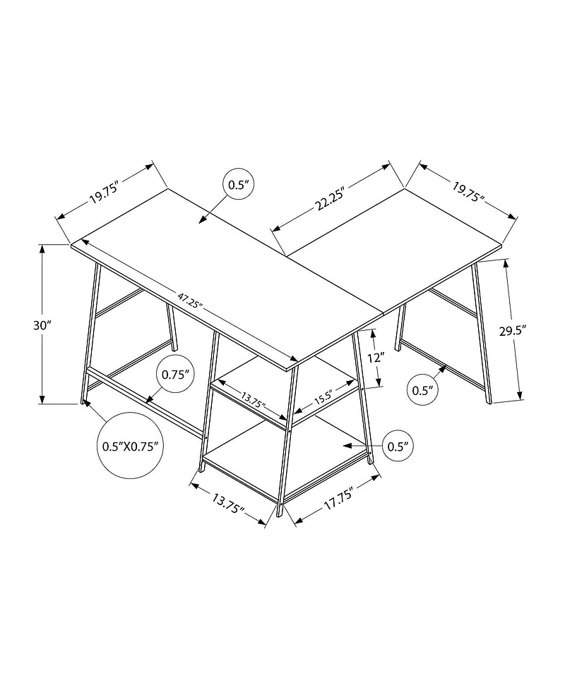 Monarch Specialties Computer Desk, Home Office, Corner, Storage Shelves, 48"l, L Shape, Work, Laptop, Metal, Laminate, Black Marble Look, Contemporary, Modern