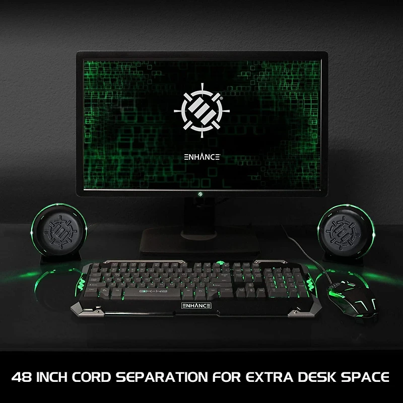 améliorer Jeu LED Ordinateur haut-parleurs avec caisson de basse, puissant 5 W pilotes et contrôle de volume en ligne – Green Lights, Alimenté par USB 2.0, connexion de 3,5 mm pour ordinateur de burea
