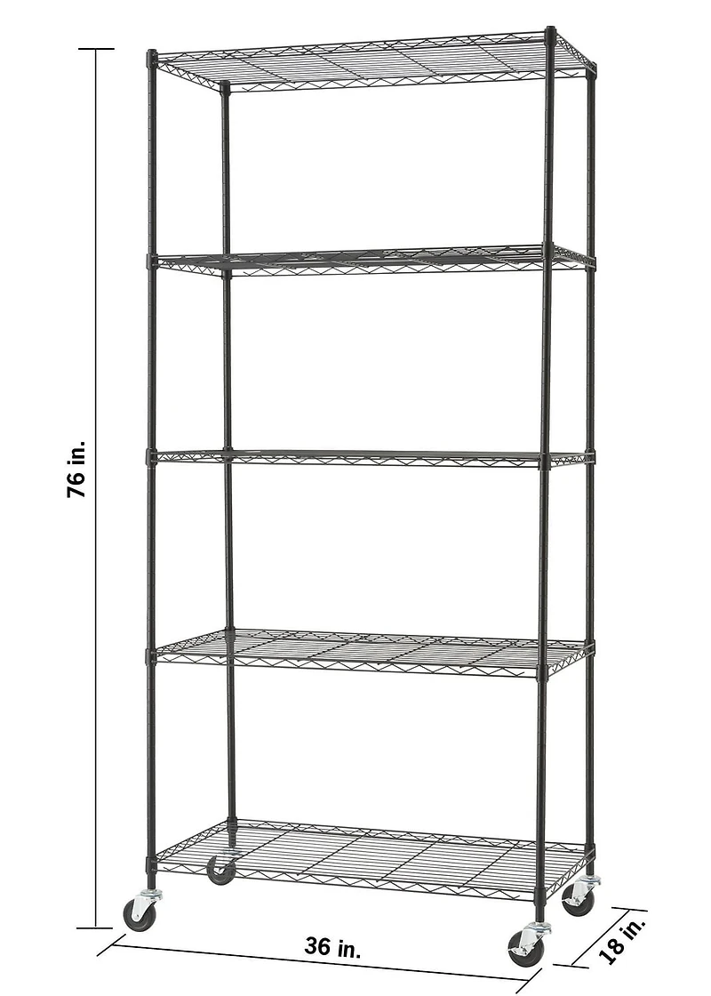 TRINITY Basics 5-Tier Wire Shelving Rack | 36 x 18 x 76 | Includes Wheels | NSF | Black