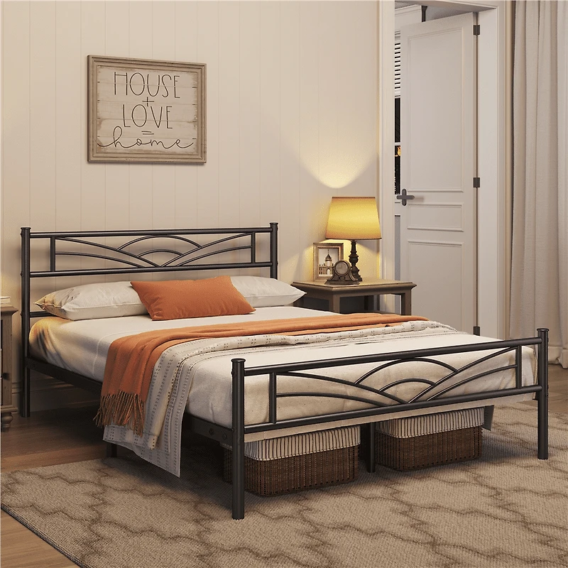 Fullfurnique Metal Platform Bed Frame with Cloud Inspired Design Headboard, Full, Black