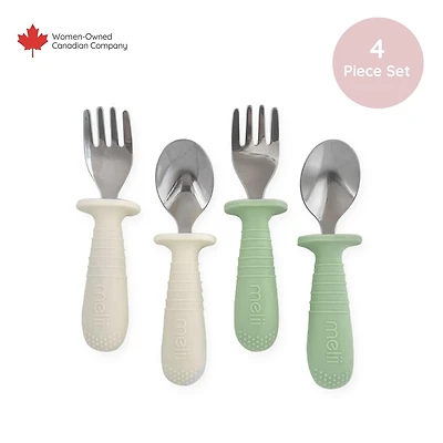 Melii ensemble cuillère et fourchette en silicone et acier inoxydable pour bébé  4 pack - menthe + creme