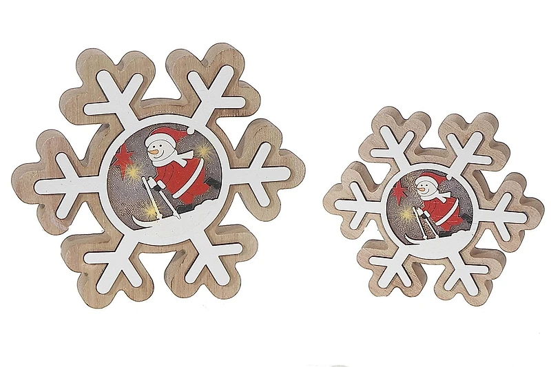 Ensemble De 2 Flocons De Neige Et Père Noël En Bois À Led