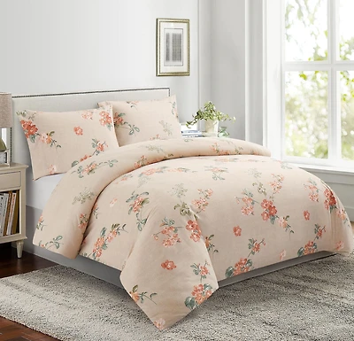 Literie Marina Décoration ultra douce et soyeuse en rayonne de bambou imprimée, toutes saisons, housse de couette, drap-housse, avec fermeture éclair et lien d'angle, motif floral pêche taupe