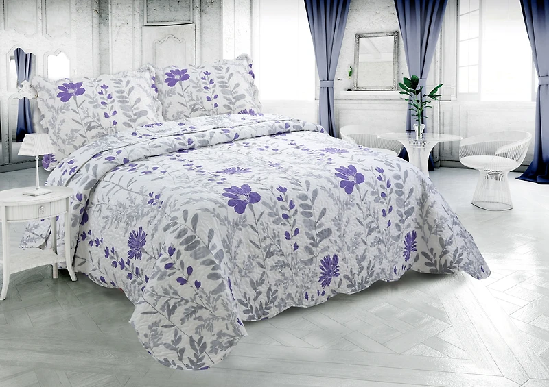 Marina Decoration Rich Printed Stitching Coverlet Bedspread Ultra Soft Summer Bedding Quilt Set with Quilted Sham, Modern Purple Floral Pattern
