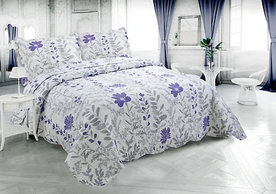 Marina Decoration Rich Printed Stitching Coverlet Bedspread Ultra Soft Summer Bedding Quilt Set with Quilted Sham, Modern Purple Floral Pattern