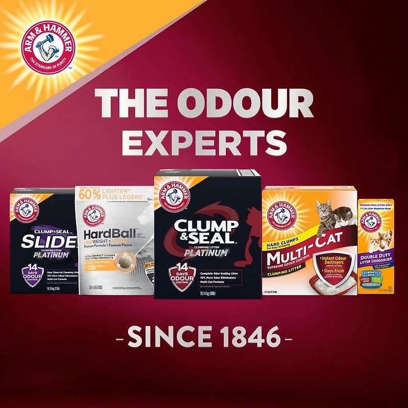 Arm & Hammer Platinum Clump & Seal Clay Cat Litter, Multi-Cat, Easy Clean up, Rock Hard Clumps, Odour Control, Dust Free, Value Size, 18.14kg