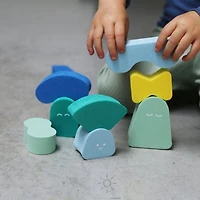 Quut - Blokki: Minty Blue - Soft Foam Stacking Toy - 10 Pieces - Fun & Creative Building - Playful Faces for Imaginative Stories - Multifunctional & Open-Ended Play
