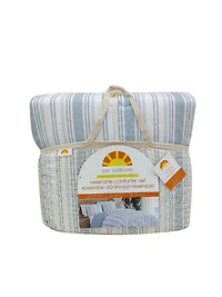 C&C California Printed Stripe Reversible Comforter Set, 100% Cotton, Breathable, All-Season Comfort , 3 piece, King, Blue