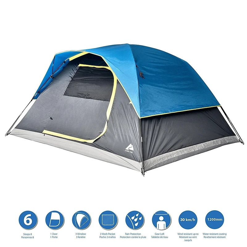 Ozark Trail, Tente dôme pour 6 personnes, auvent de pluie, mâts en fibre de verre faciles à assembler. Couleur bleue, idéale pour le camping familial, 14,55 livres.
