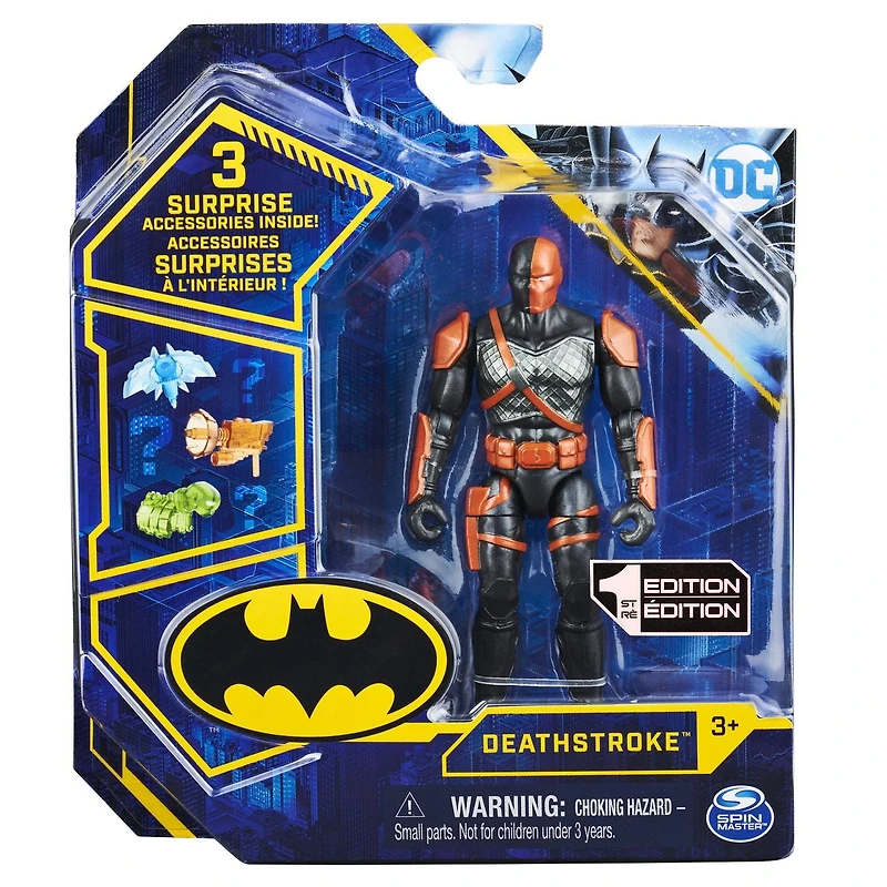Batman, Figurine articulée Deathstroke de 10,2 cm avec 3 accessoires mystère, pour les enfants à partir de 3 ans