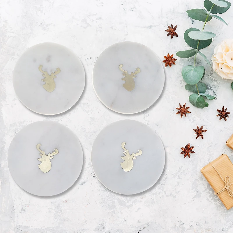 Lot De 4 Sous-Verres Ronds En Marbre Blanc Avec Incrustations En Laiton En Forme De Tête De Cerf (10 X 10 Cm)
