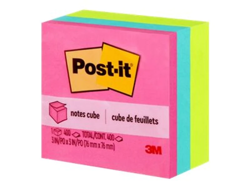 Cube de feuillets 2027-BRT Post-it®, couleurs vives, 76 mm x 76 mm (3 po x 3 po), 1 cube/paquet, 400 feuillets/cube