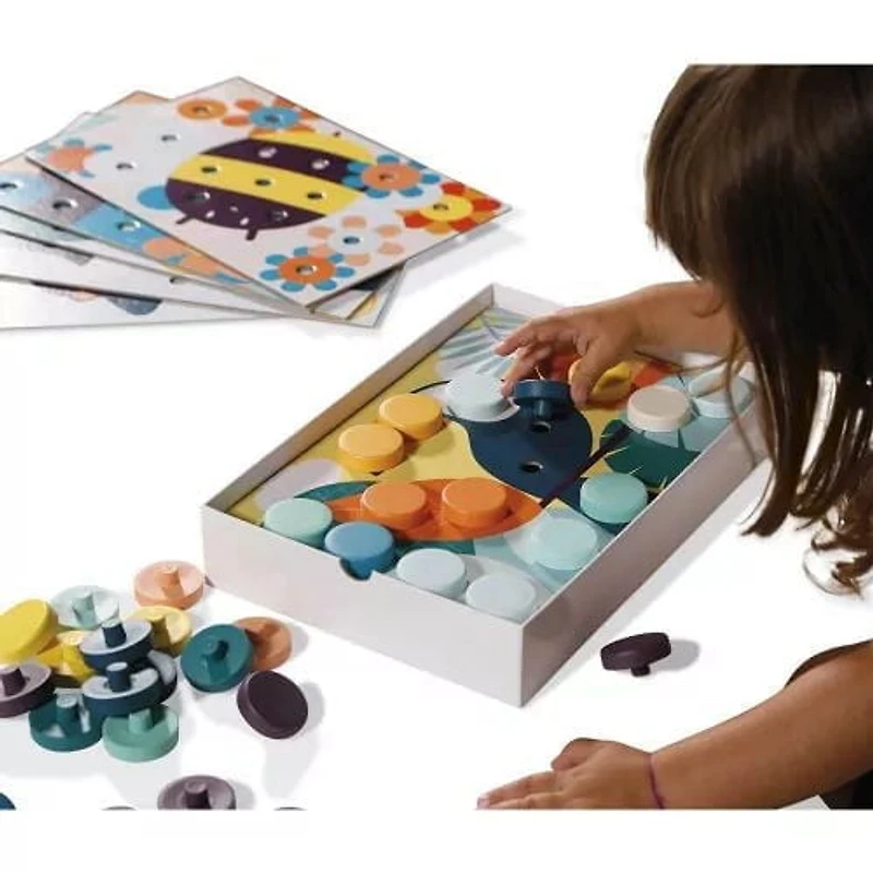 Janod - My First Wooden Mosaics - Early Learning Toy - 6 Perforated Cards and 38 Wooden Pawns - Learning of Colours and Motor Skills - Water Painting - from 2 Years