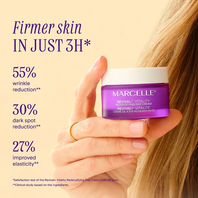 Marcelle Revival+ Vitality Redensifying Day Cream, 50 mL, Day cream hydrates, firms, targets menopause.