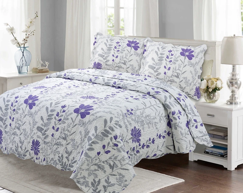 Marina Decoration Rich Printed Stitching Coverlet Bedspread Ultra Soft Summer Bedding Quilt Set with Quilted Sham, Modern Purple Floral Pattern