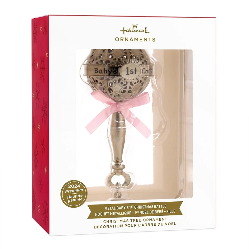 Hallmark Christmas Ornament (Baby's First Christmas Silver Baby Rattle With Pink Ribbon 2024 Premium Metal)