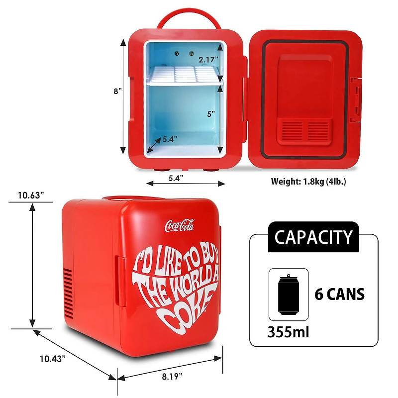 Coca-Cola 4L Portable Mini Fridge, 6 Can Mini Cooler/ Warmer for Travel, Office & Home- Red