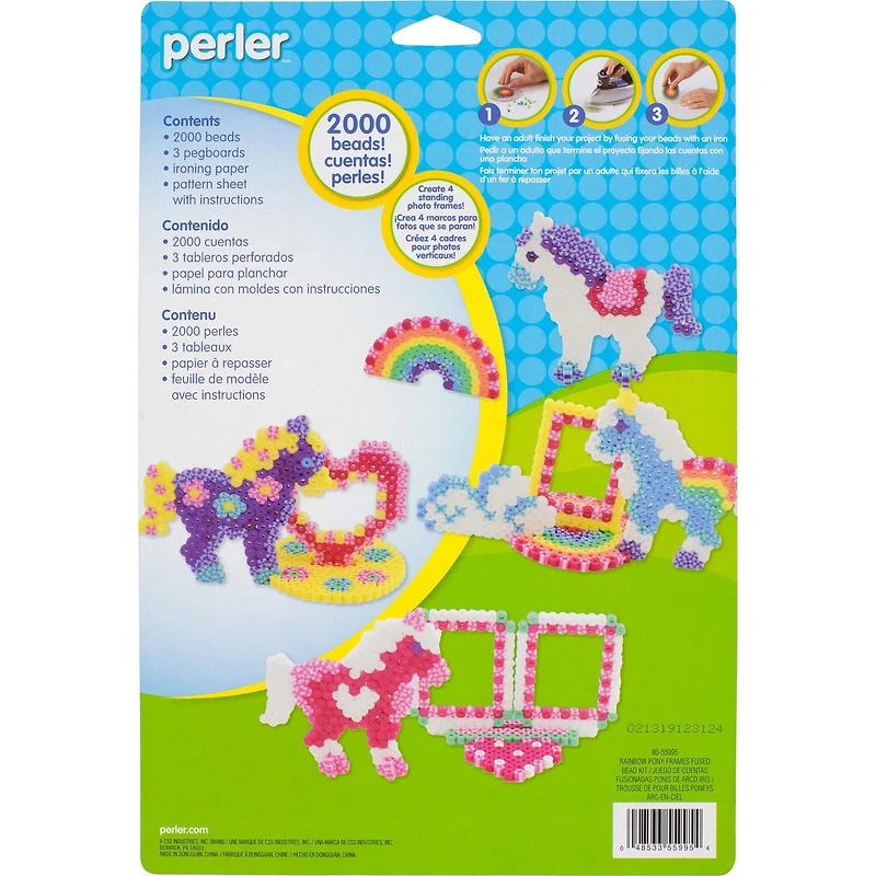 Perler Rainbow Ponies Fused Bead Kit makes 10 projects, 2004 Pieces, great for ages 6 and up, 2000 Beads, 3 Pegboards